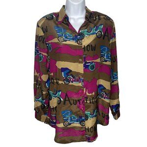 Vintage 70s Lou Bella Brown Pink Antique Car Show Print Satin Blouse Top